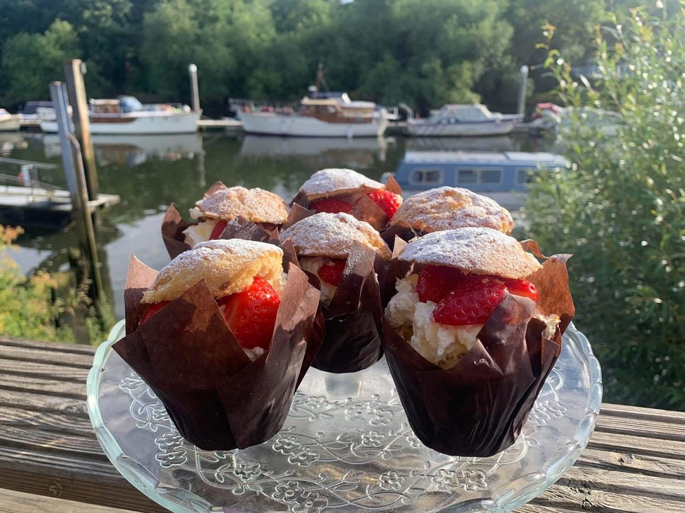 Strawberry muffins overlooking the marina